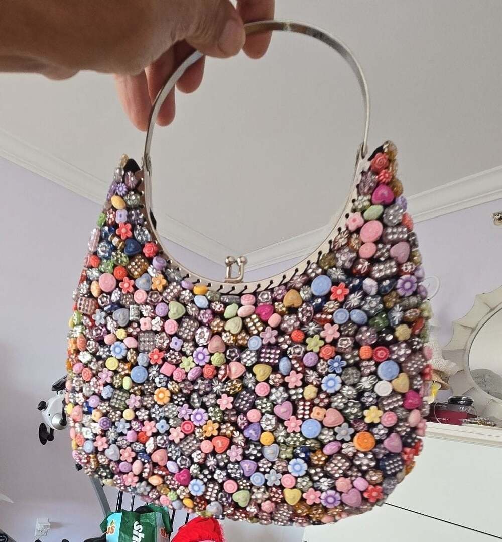 La Viola Vintage Multicolored Beaded Kisslock Hobo Handbag with Metal Handle